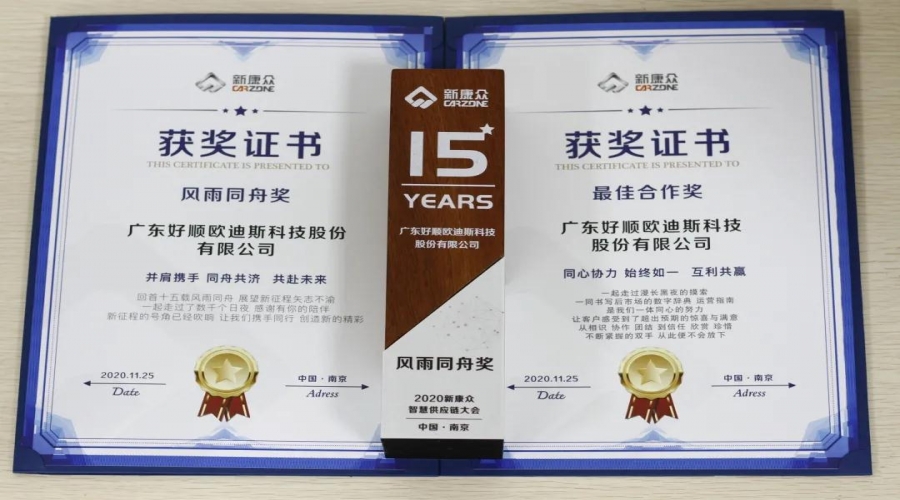 好順科技榮獲新康眾智慧供應鏈年度大會“最佳合作獎”及“風雨同舟獎！”